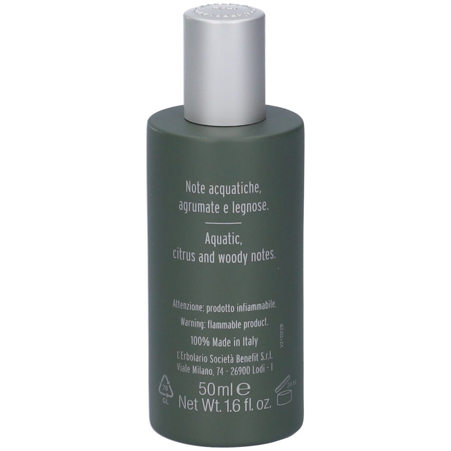 Dunkelgrüne Flasche mit silbernem Verschluss, 50ml. Noten: aquatisch, zitrisch, holzig.