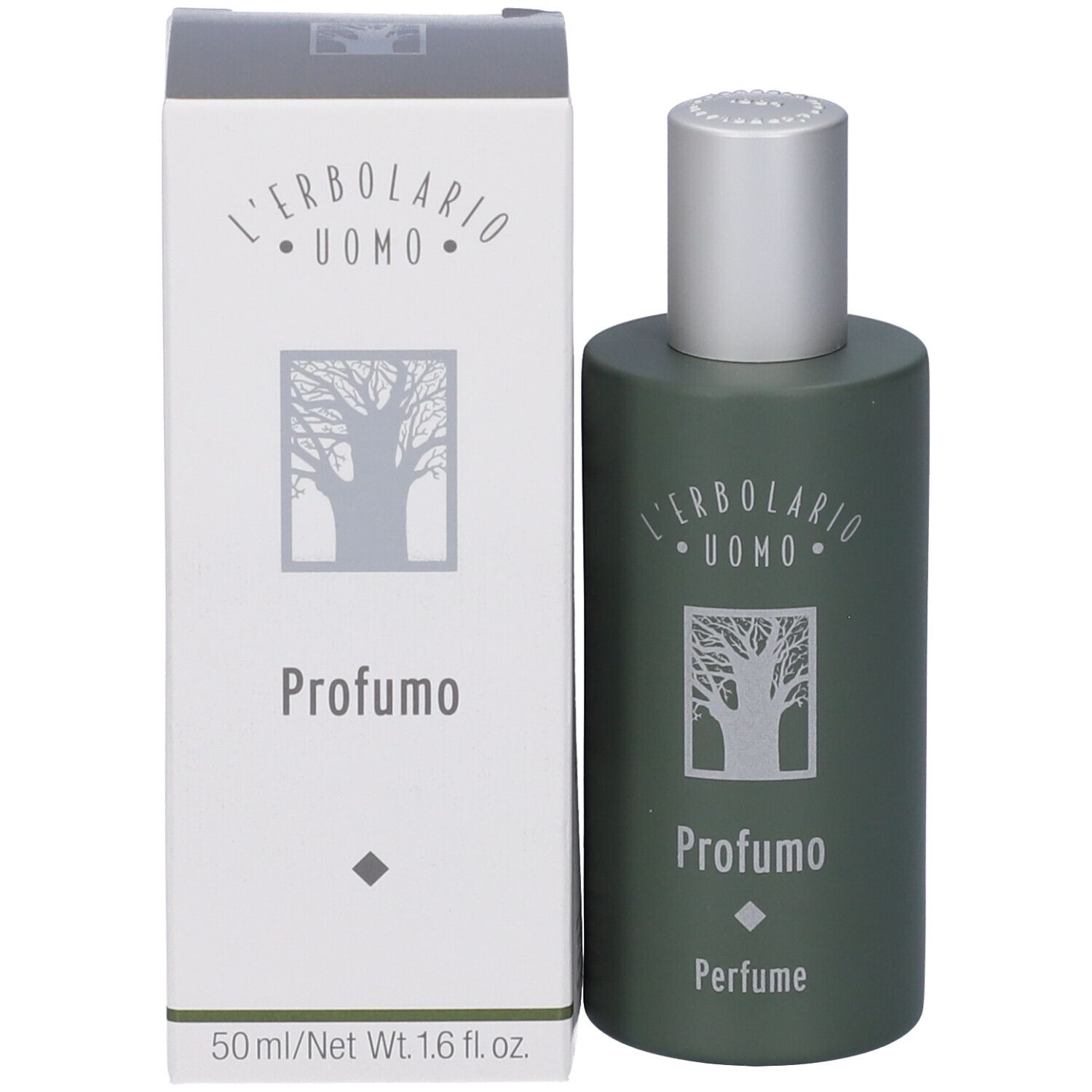 Dunkelgrüne Parfümflasche mit silbernem Verschluss und weißer Kartonverpackung. Beide zeigen einen Baum.