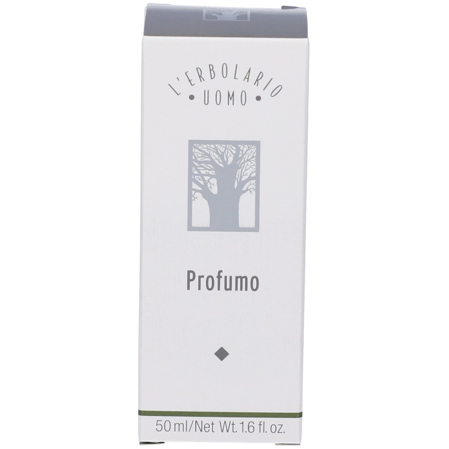 Weiße Box mit L'Erbolario Uomo Logo, Baum-Symbol und "Profumo" Aufschrift. 50ml.