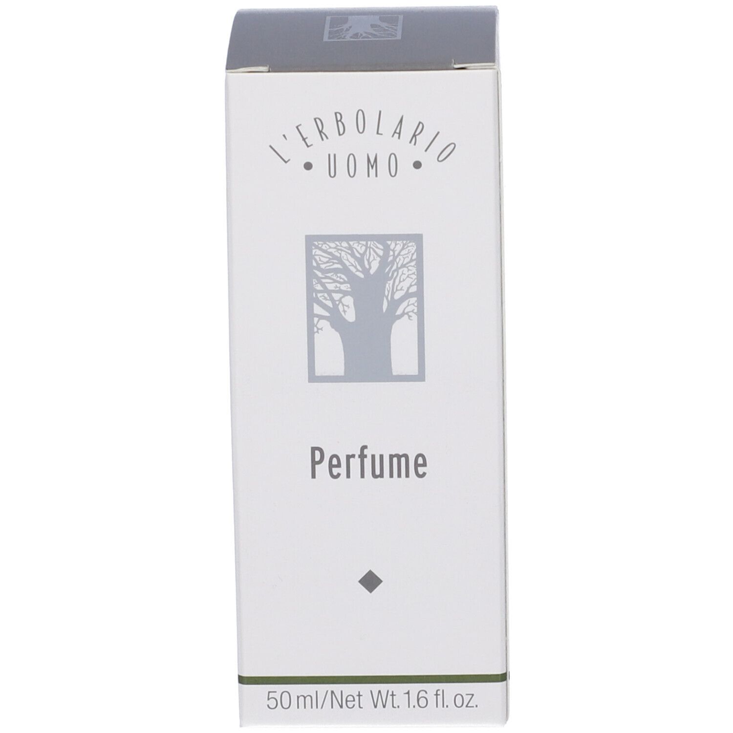 Weiße Parfümverpackung mit Baum-Symbol und "L'Erbolario Uomo Perfume" Schriftzug.