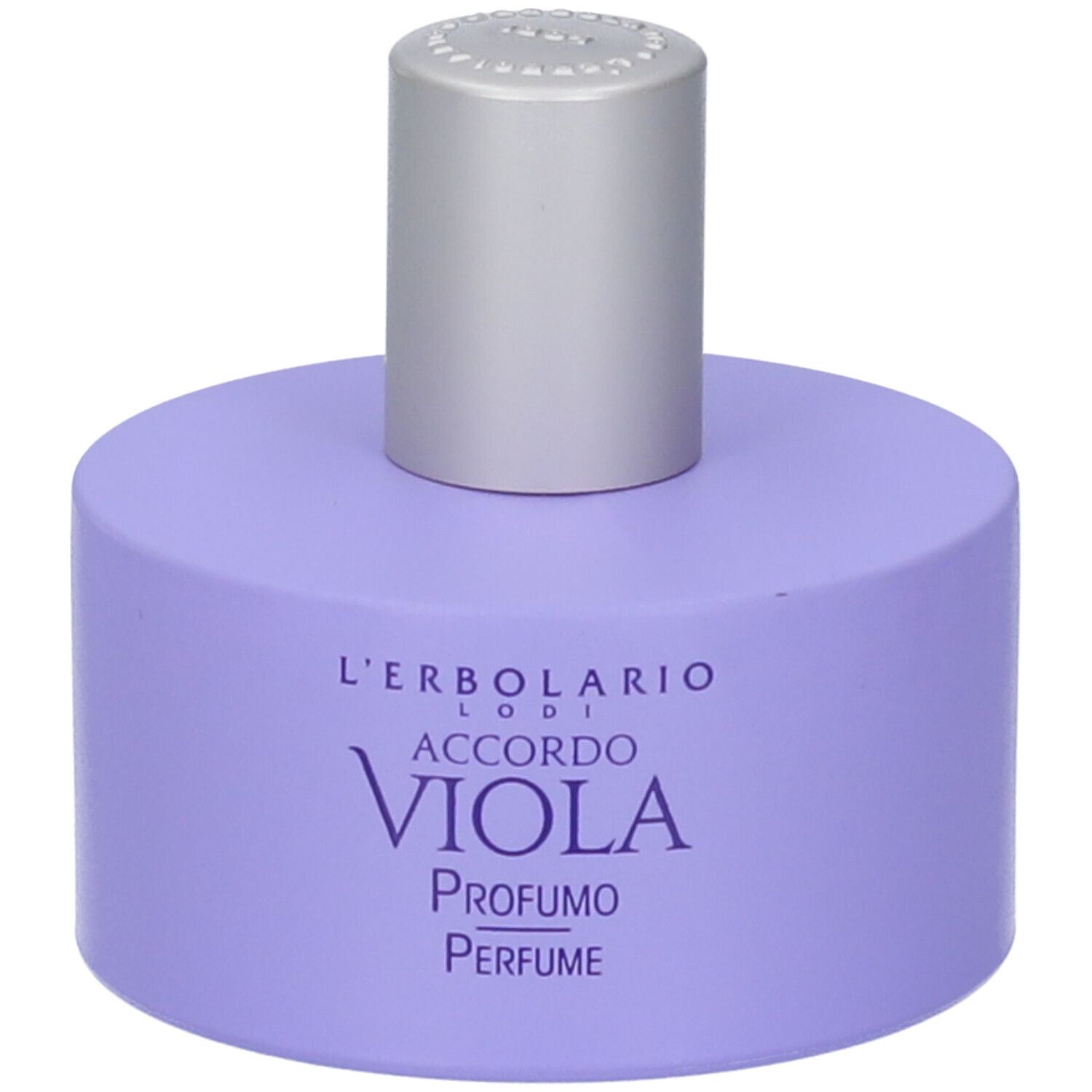 Lila Parfümflasche mit silbernem Verschluss. Beschriftung: L'Erbolario, Accordo Viola, Profumo, Perfume.