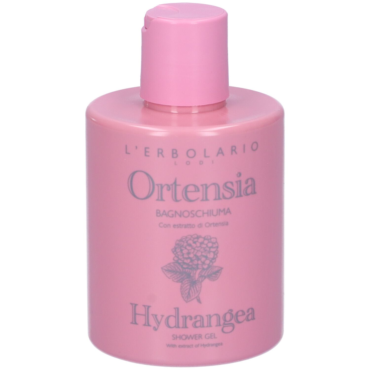 Rosa Flasche mit Aufschrift Ortensia und Hydrangea. Produktname und Marke sichtbar. Mit Klappverschluss.