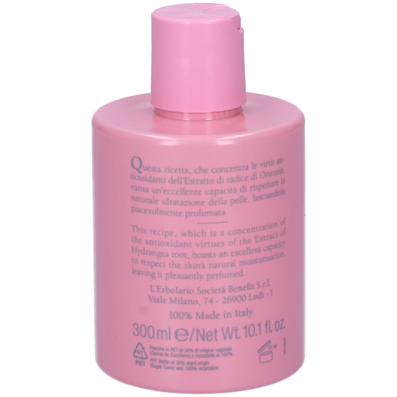 Rosa Flasche mit Aufschrift Ortensia und Hydrangea. Produktname und Marke sichtbar. Mit Klappverschluss.