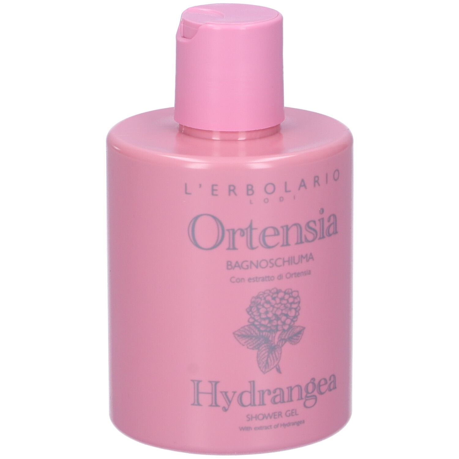 Rosa Flasche mit Aufschrift Ortensia und Hydrangea. Produktname und Marke sichtbar. Mit Klappverschluss.