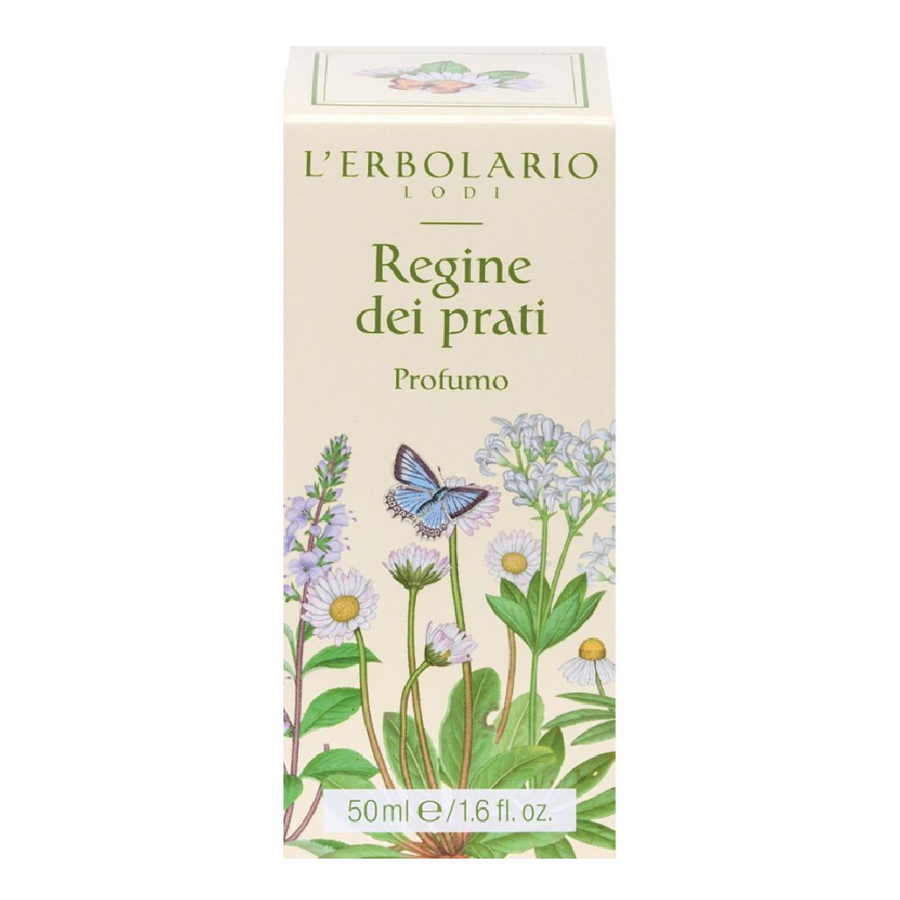 L'Erbolario Regine dei prati Parfüm, 50ml. Karton mit Blumen- und Schmetterlingsmotiv.