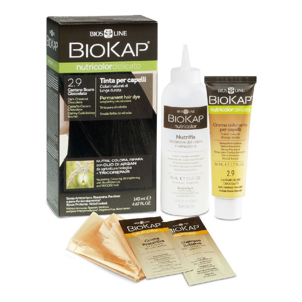 BIOKAP Haarfärbeset mit Farbtube, Entwicklerflasche und Schutzcreme.