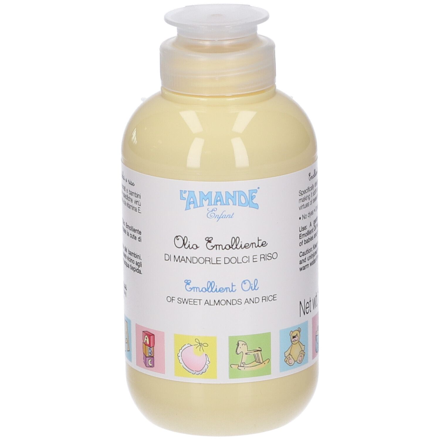 Gelbliche Flasche mit weißem Etikett. Text: L'AMANDE Enfant, Olio Emolliente, Di Mandorle Dolci e Riso, Emollient Oil.