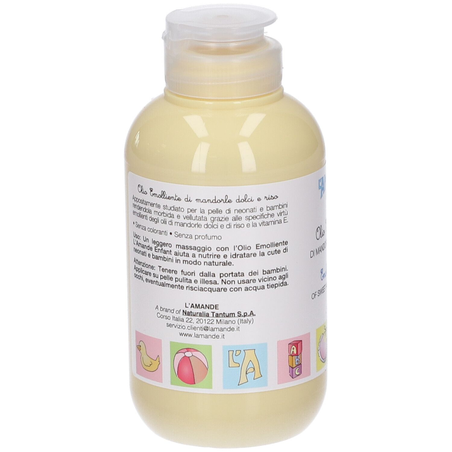 Rückseite der gelben Flasche. Text: L'AMANDE, Olio Emolliente, Di Mandorle Dolci e Riso. Mit Illustrationen.