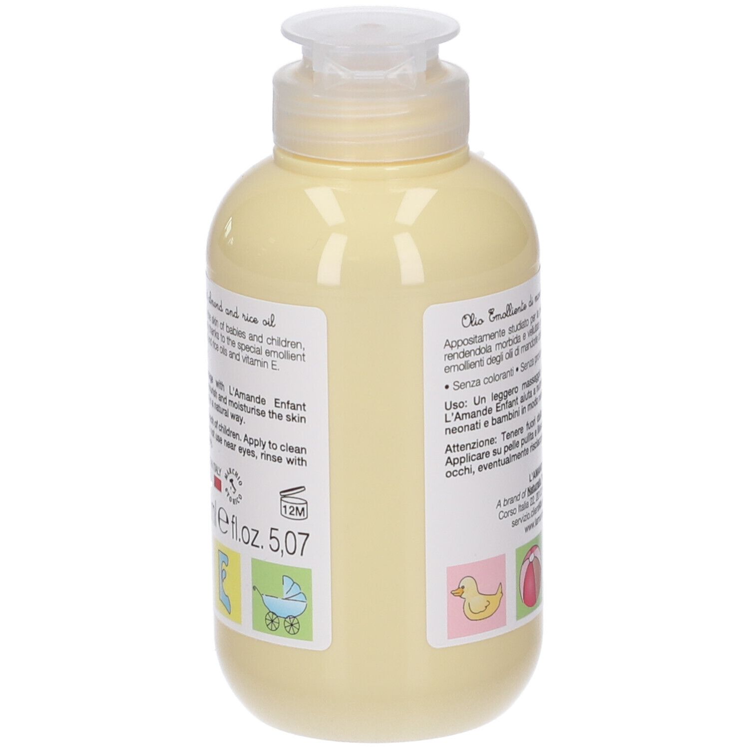 Seitenansicht der gelben Flasche. Text: L'AMANDE Enfant, Olio Emolliente, Di Mandorle Dolci e Riso. Mit Illustrationen.