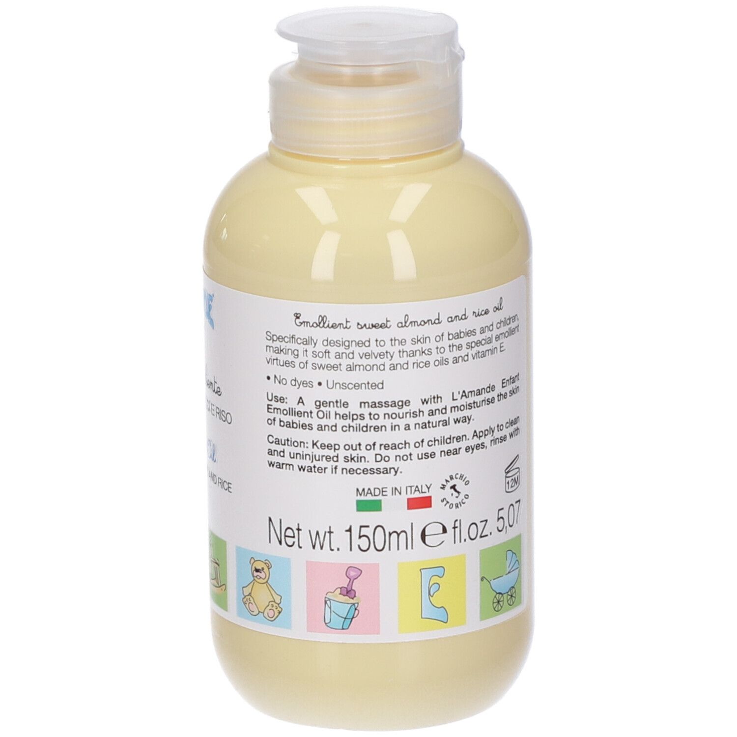 Gelbe Flasche mit weißem Etikett. Text: L'AMANDE Enfant, Olio Emolliente, Di Mandorle Dolci e Riso, 150ml, e 5.07 fl.oz.
