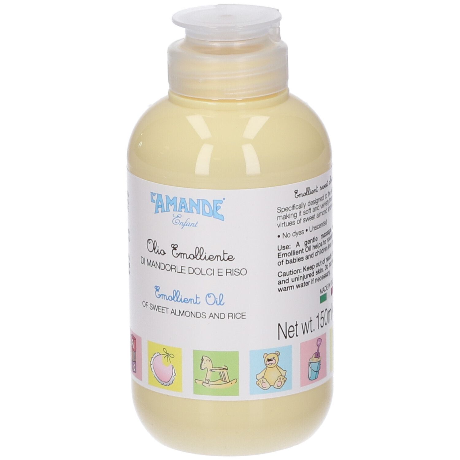 Gelbe Flasche mit weißem Etikett. Text: L'AMANDE Enfant, Olio Emolliente, Di Mandorle Dolci e Riso, Emollient Oil.