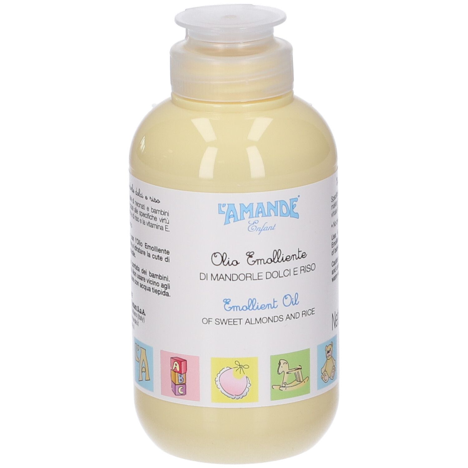 Gelbe Flasche mit weißem Etikett. Text: L'AMANDE Enfant, Olio Emolliente, Di Mandorle Dolci e Riso, Emollient Oil.