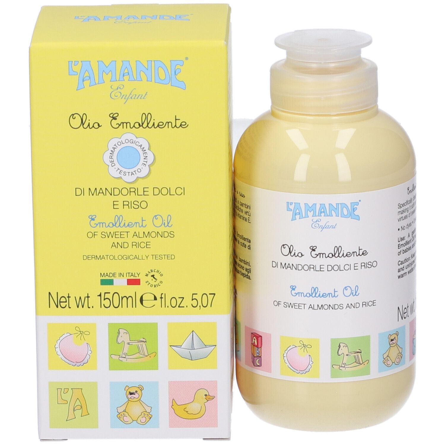 Produkt und Verpackung. Gelbe Flasche und Schachtel. Text: L'AMANDE Enfant, Olio Emolliente, Di Mandorle Dolci e Riso.
