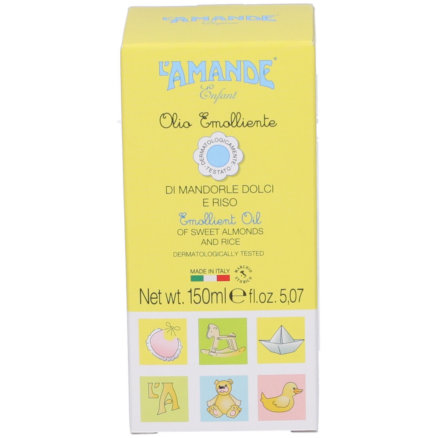 Gelbe Produktverpackung. Text: L'AMANDE Enfant, Olio Emolliente, Di Mandorle Dolci e Riso, 150ml, e 5.07 fl.oz.