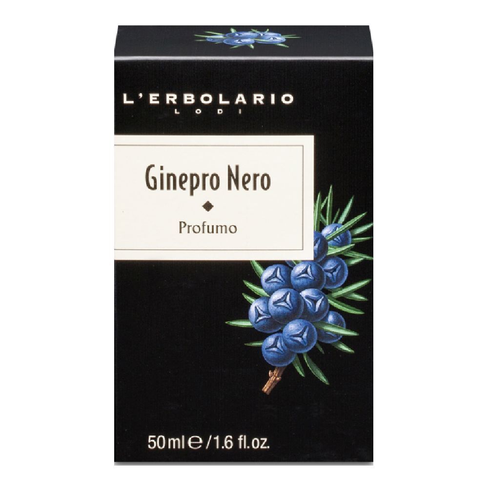 Schwarze Parfümverpackung mit Ginsterbeeren-Illustration und Text 'Ginepro Nero Profumo 50ml'.