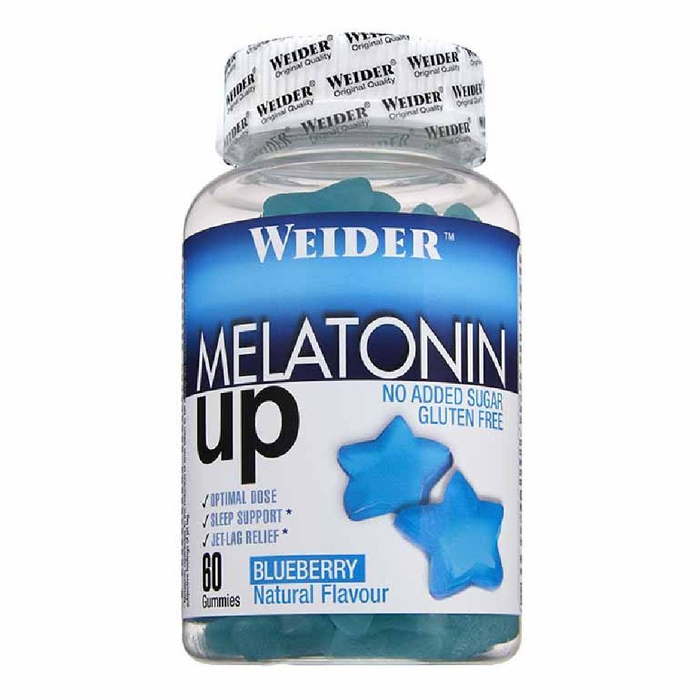 Weider Melatonin Up Gummies in einer Dose. Blaue, sternförmige Gummibärchen. Aufschrift: Melatonin Up, kein Zuckerzusatz, glutenfrei.
