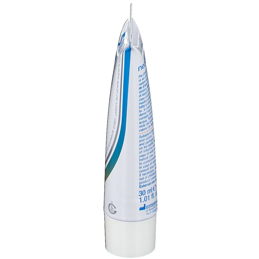 Seitenansicht einer weißen Tube mit Produktinformationen und 30 ml Angabe.