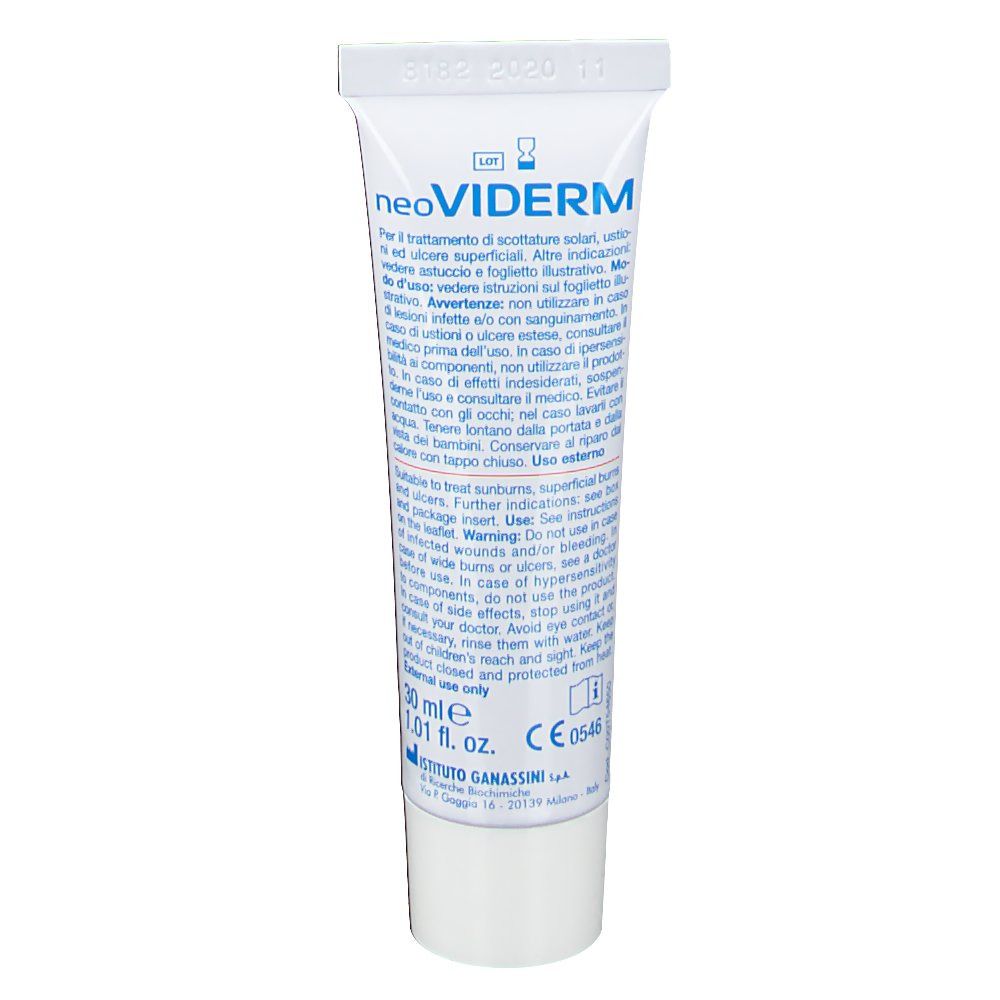 Weiße Tube mit detaillierten Produktinformationen, 30 ml und CE-Kennzeichnung.