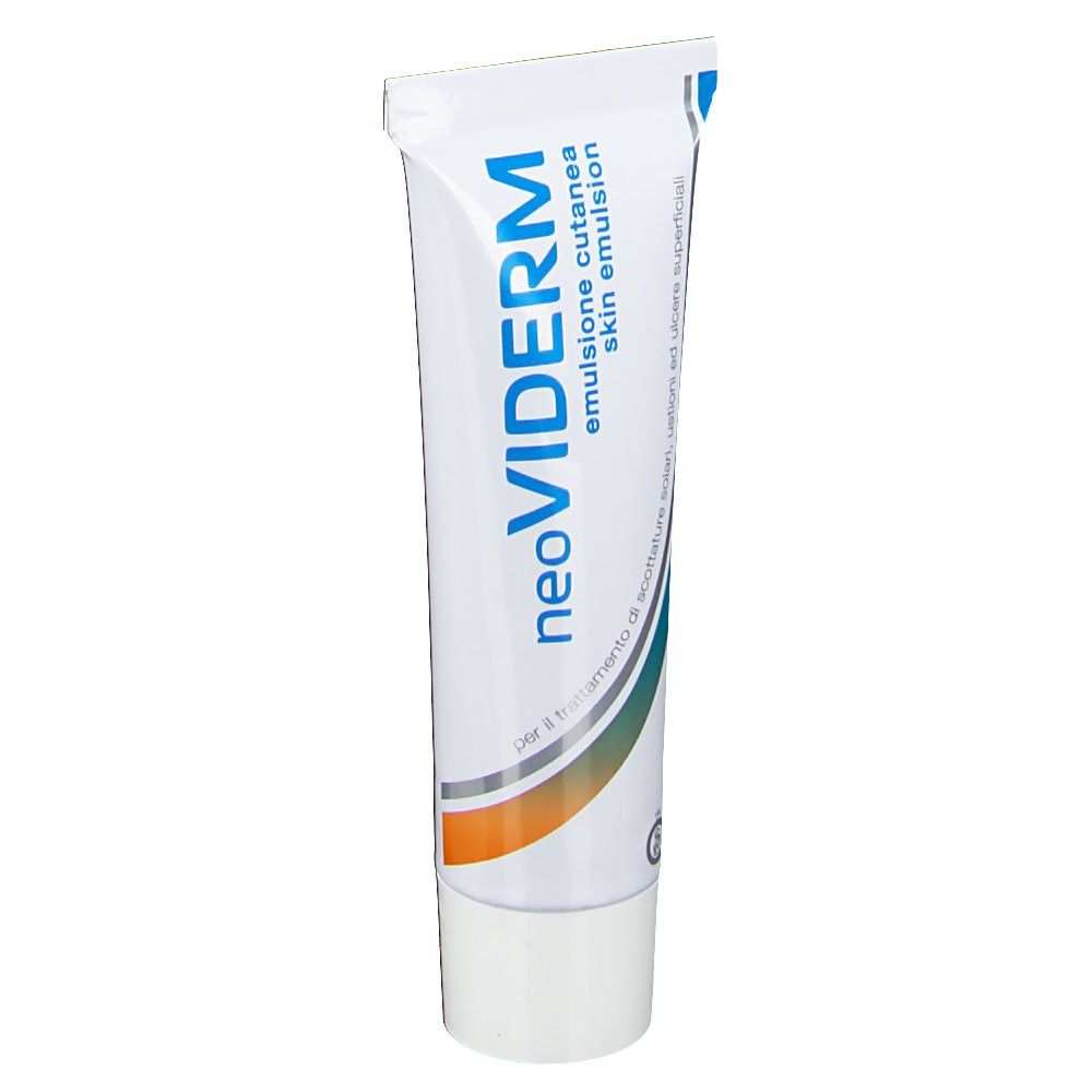 Weiße Tube mit blauem und orangefarbenem Streifen, zeigt "neoviderm".