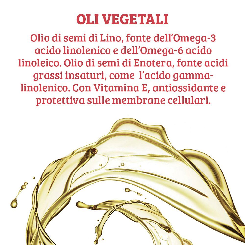 Flüssiges Öl spritzt aus einem Symbol für Pflanzenöle. Text über Omega-3- und Omega-6-Fettsäuren.