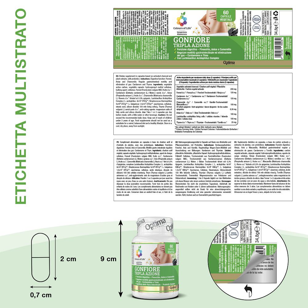 Detaillierte Etiketteninformationen und Abmessungen einer Kapsel (2 cm x 0,7 cm) und Dose (9 cm).