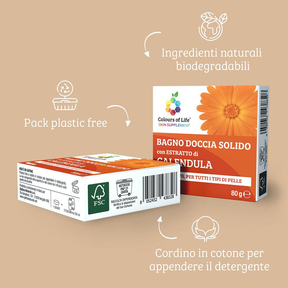 Verpackung eines festen Duschbads mit Calendula-Extrakt, mit Umweltzertifizierungen.