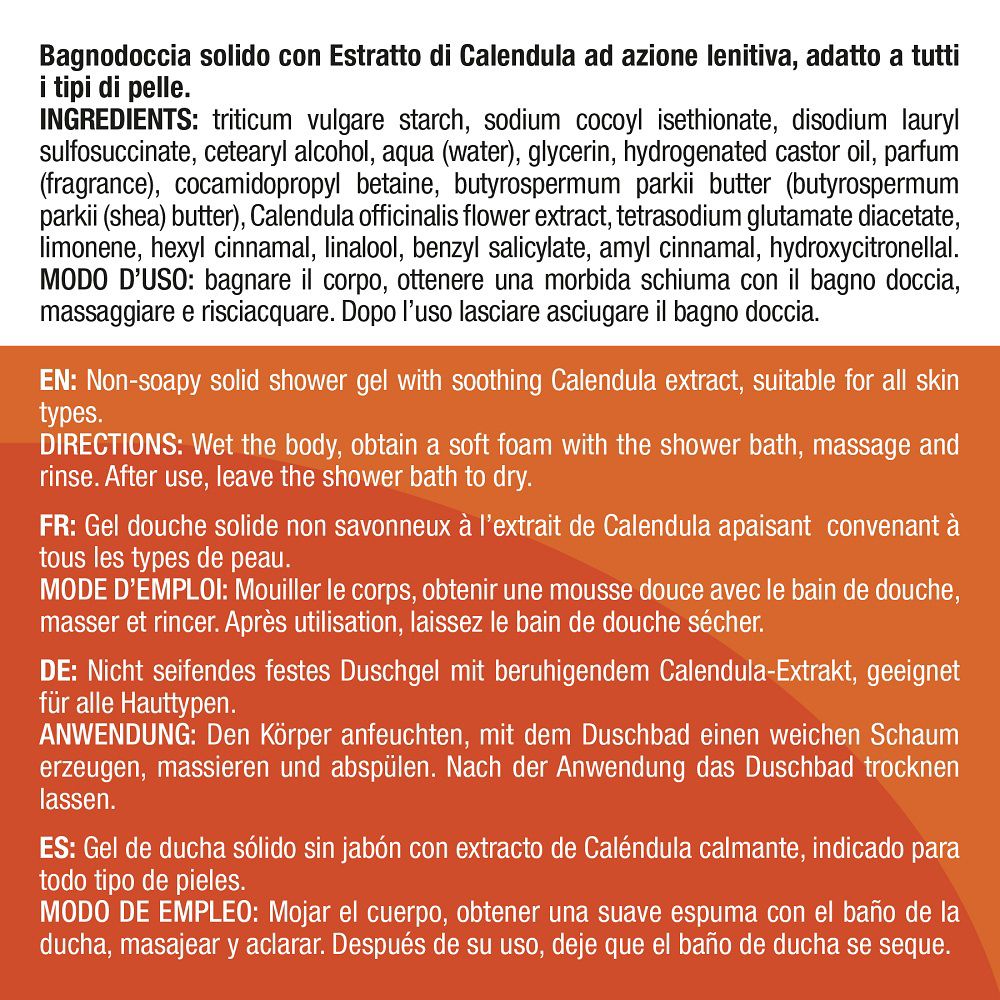 Rückseite der Verpackung eines festen Duschbads mit Calendula-Extrakt, mit Inhaltsstoffen und Anwendungshinweisen.