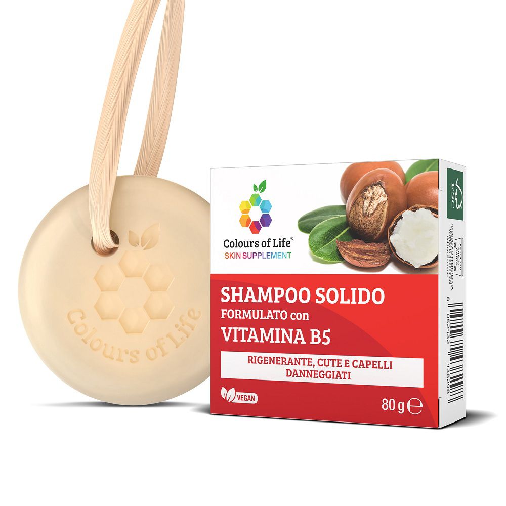 Festes Shampoo mit Vitamin B5 und Kordel, daneben die Verpackung.