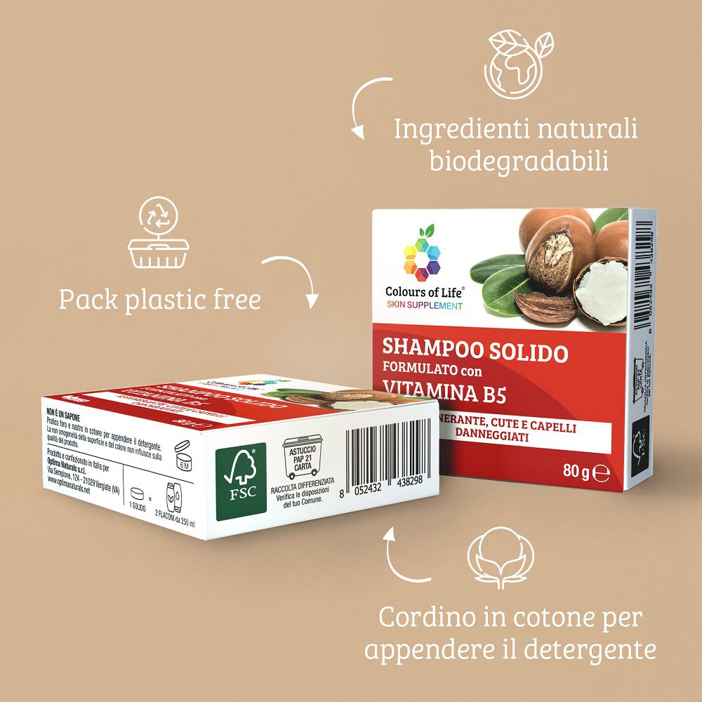 Verpackung des festen Shampoos mit Vitamin B5, zeigt Shea-Nüsse und Blätter.
