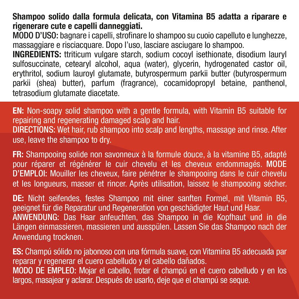 Rückseite der Verpackung mit Inhaltsstoffen und Anwendungshinweisen für festes Shampoo.