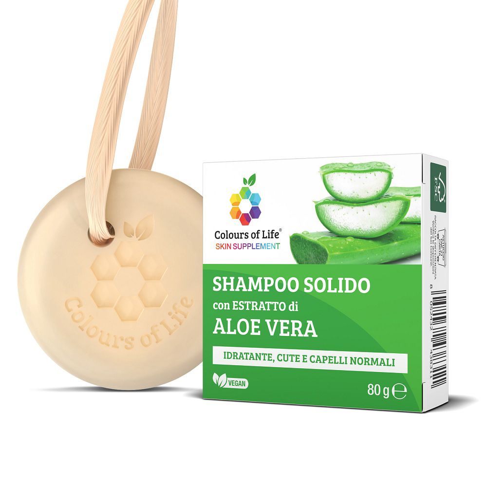Feste Shampooflasche mit Aloe Vera und eine Schachtel.