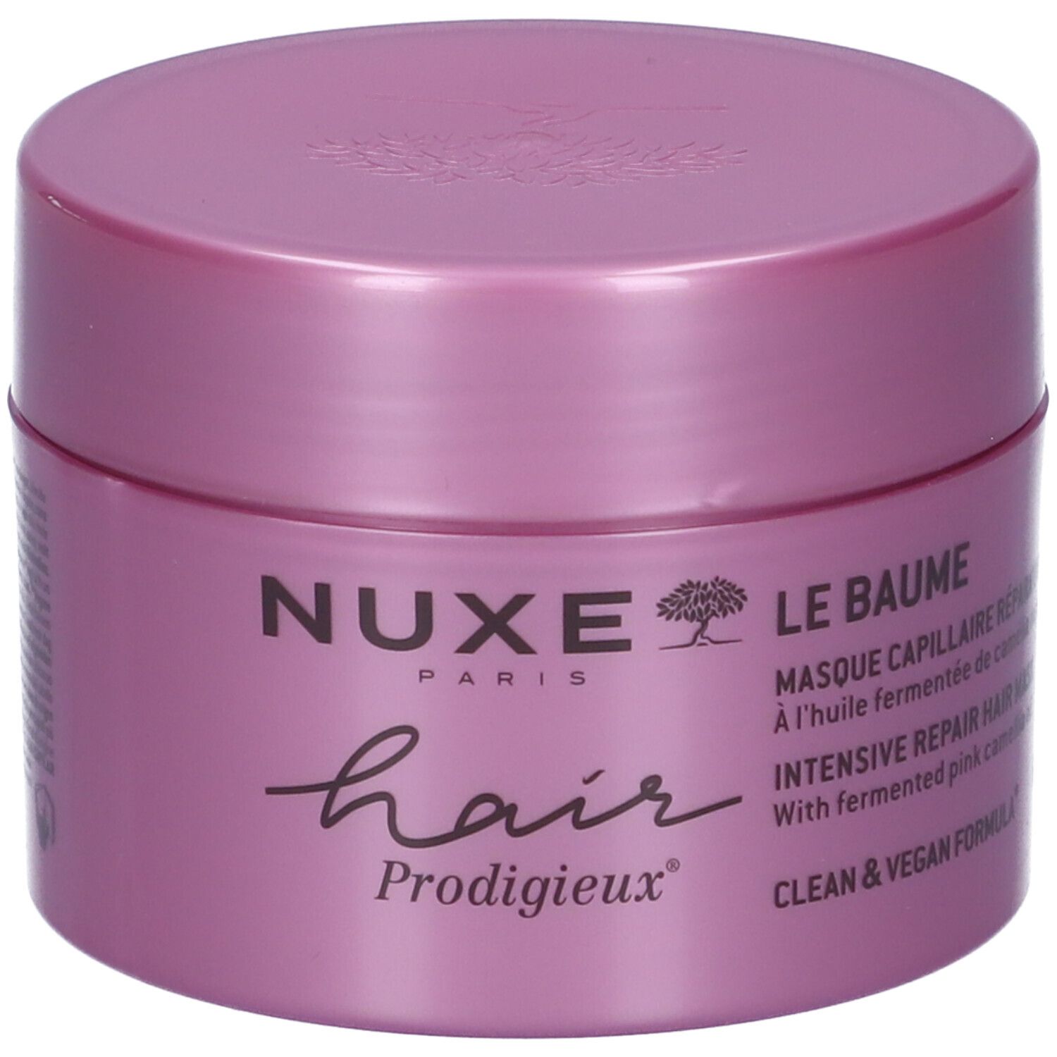 Nuxe Hair Prodigieux Le Baume: Lila Tiegel mit Haarkur. Intensive Reparatur, fermentiertes rosa Kamelienöl.