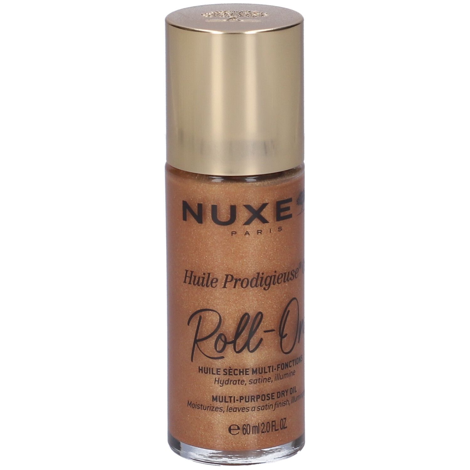Goldfarbene Roll-On-Flasche. Aufschrift: Nuxe, Huile Prodigieuse Or Roll-On. Multi-Funktions-Trockenöl.