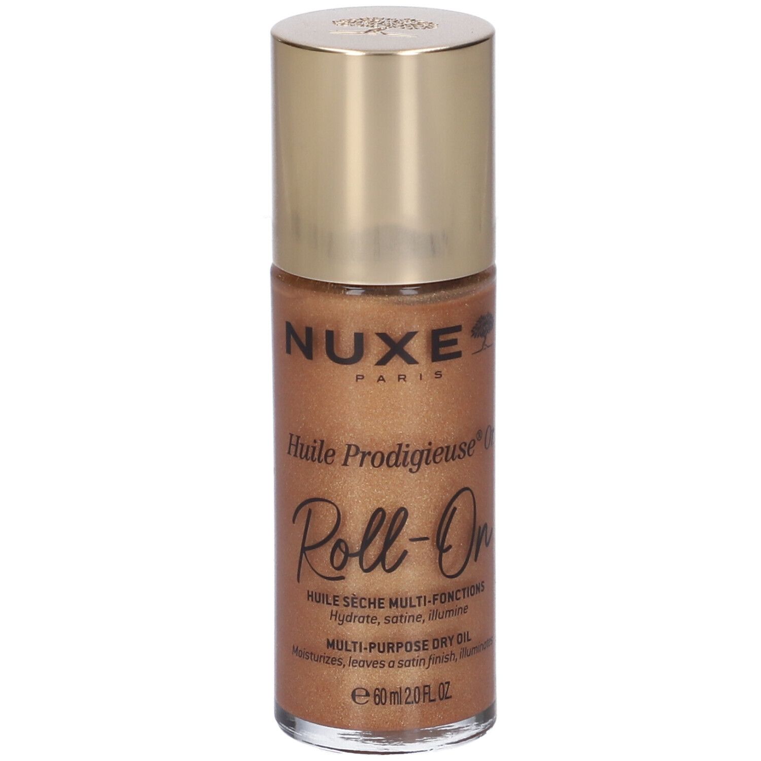 Goldfarbene Roll-On-Flasche. Aufschrift: Nuxe, Huile Prodigieuse Or Roll-On. Multi-Funktions-Trockenöl.