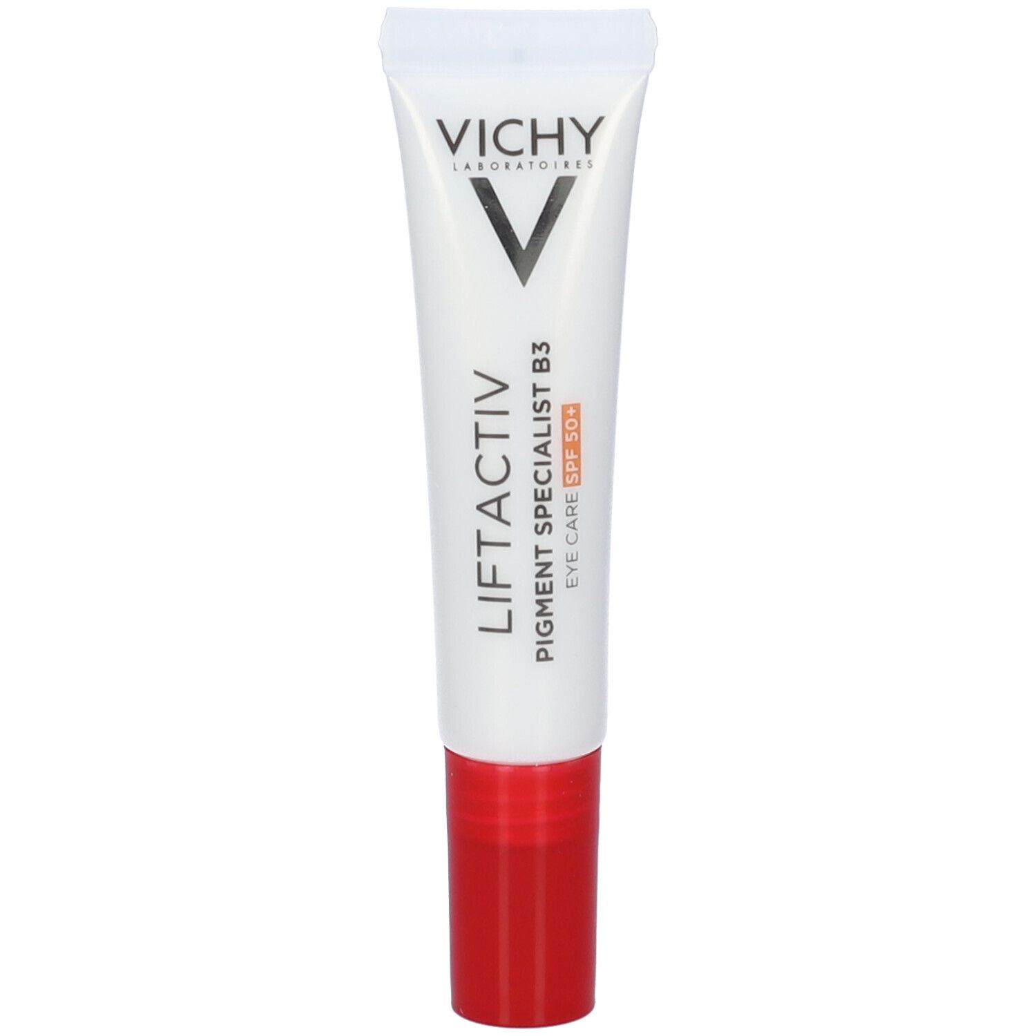 Weiße Tube mit rotem Verschluss. Aufdruck: Vichy, Liftactiv Pigment Specialist B3, Eye Care SPF 50+.