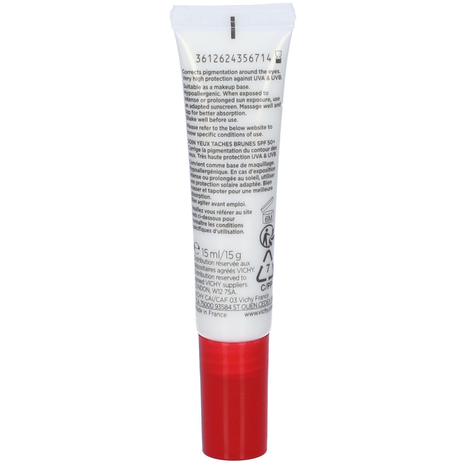 Rückseite der Tube. Text in mehreren Sprachen. Roter Verschluss. Produktinformationen.