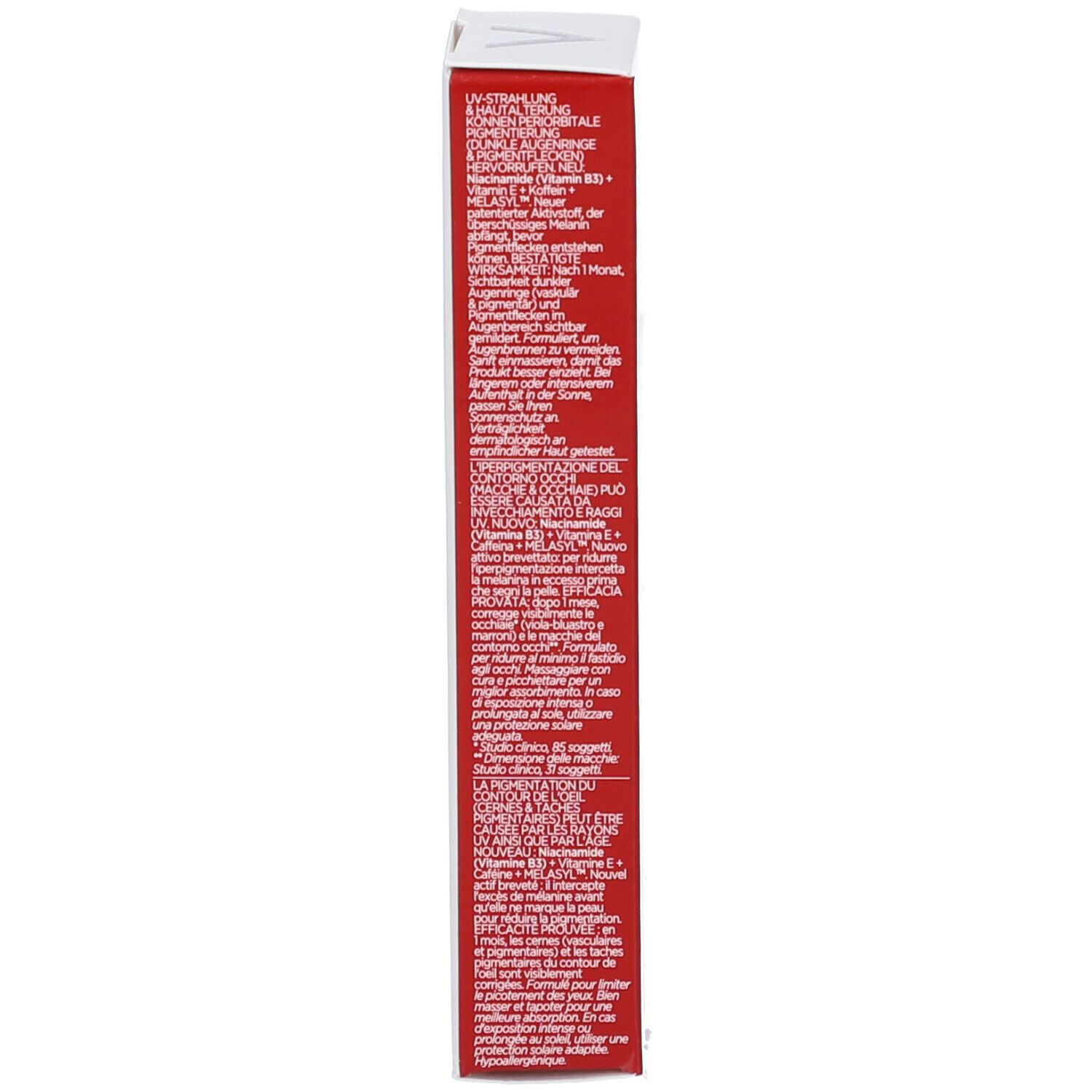 Schmale Produktverpackung. Text in mehreren Sprachen. Vichy Logo. Rote und weiße Farbgebung.