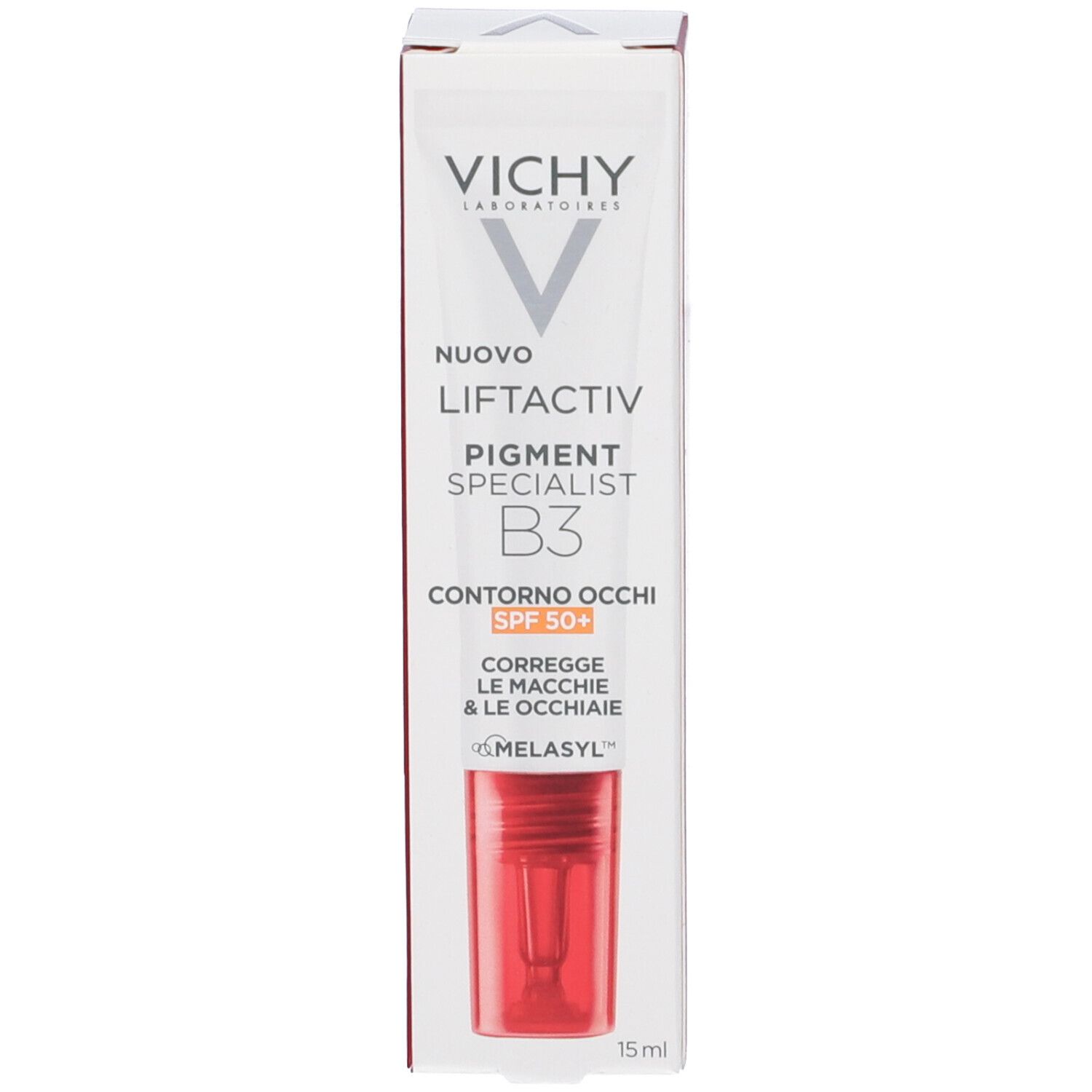 Produktverpackung. Vichy, Liftactiv Pigment Specialist B3, Contorno Occhi SPF 50+. Rote Tube abgebildet.