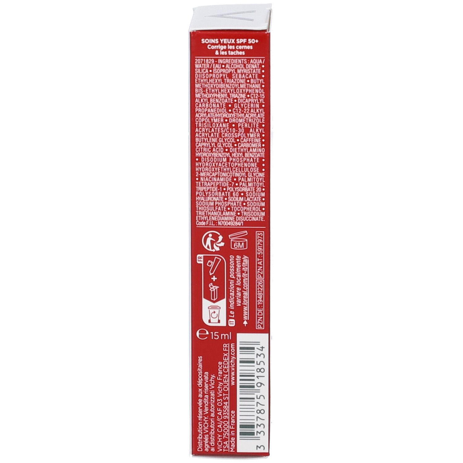 Schmale Produktverpackung. Text in mehreren Sprachen. Vichy Logo. Rote und weiße Farbgebung.