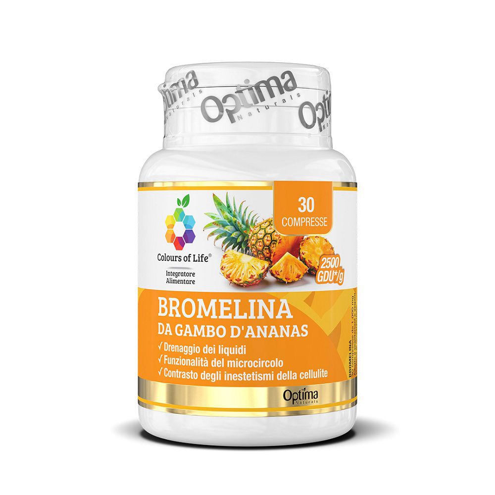 Flasche mit 30 Bromelain-Kapseln aus Ananasstielen, Marke Colours of Life.