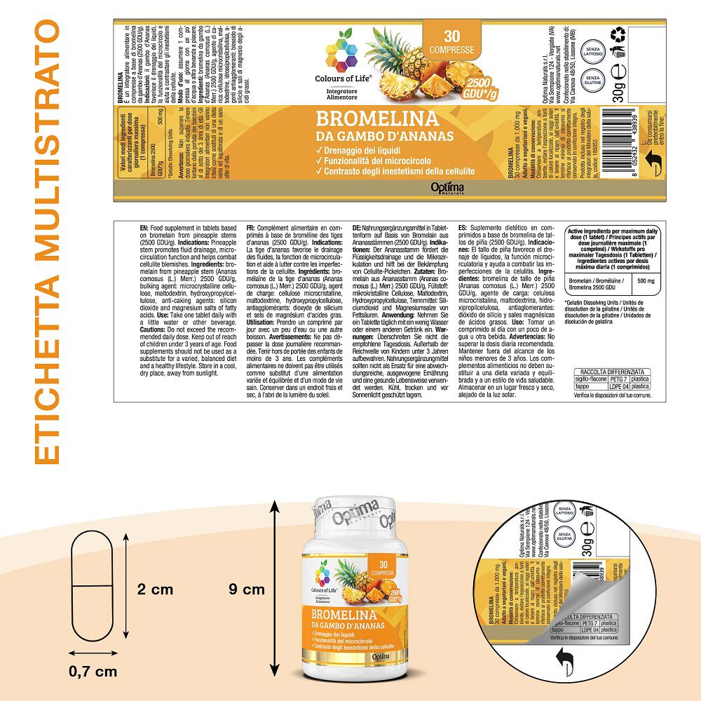Verpackung und Flasche mit Bromelain-Kapseln, mit Größenangaben.