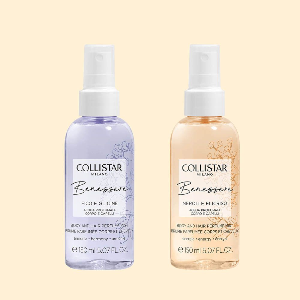 Zwei COLLISTAR* BEN. FICO G. ACQUA PROF 150* Flaschen. Eine lila, eine beige. Etiketten mit Produktnamen. Heller Hintergrund.