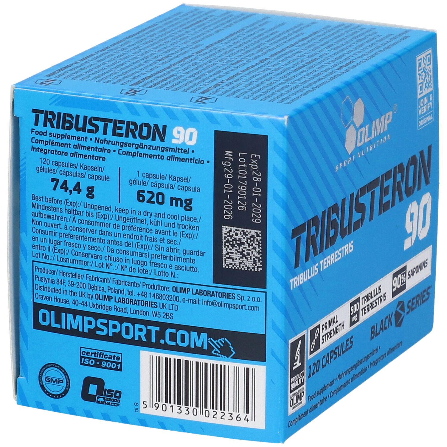 Rückseite der Olimp Tribusteron 90 Kapselverpackung mit Produktinformationen und Zertifizierungen.
