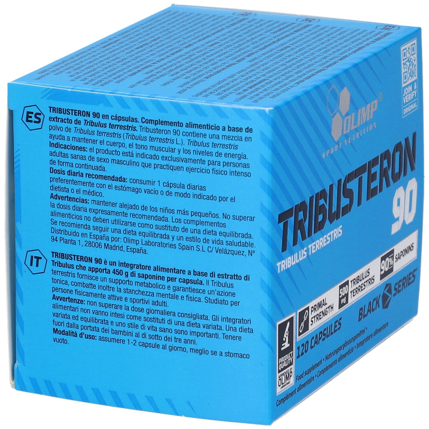 Seitenansicht der Olimp Tribusteron 90 Kapselverpackung mit mehrsprachigen Produktinformationen.