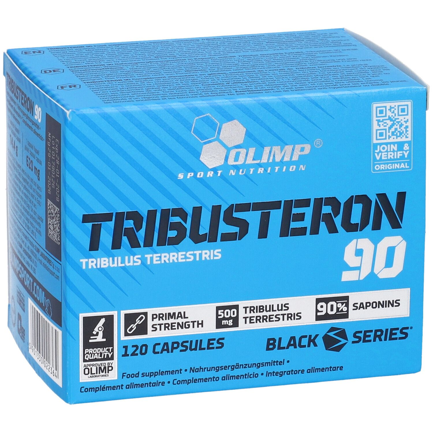 Olimp Tribusteron 90 Kapselverpackung, Vorderseite mit Details zu Inhaltsstoffen und Kapselanzahl.