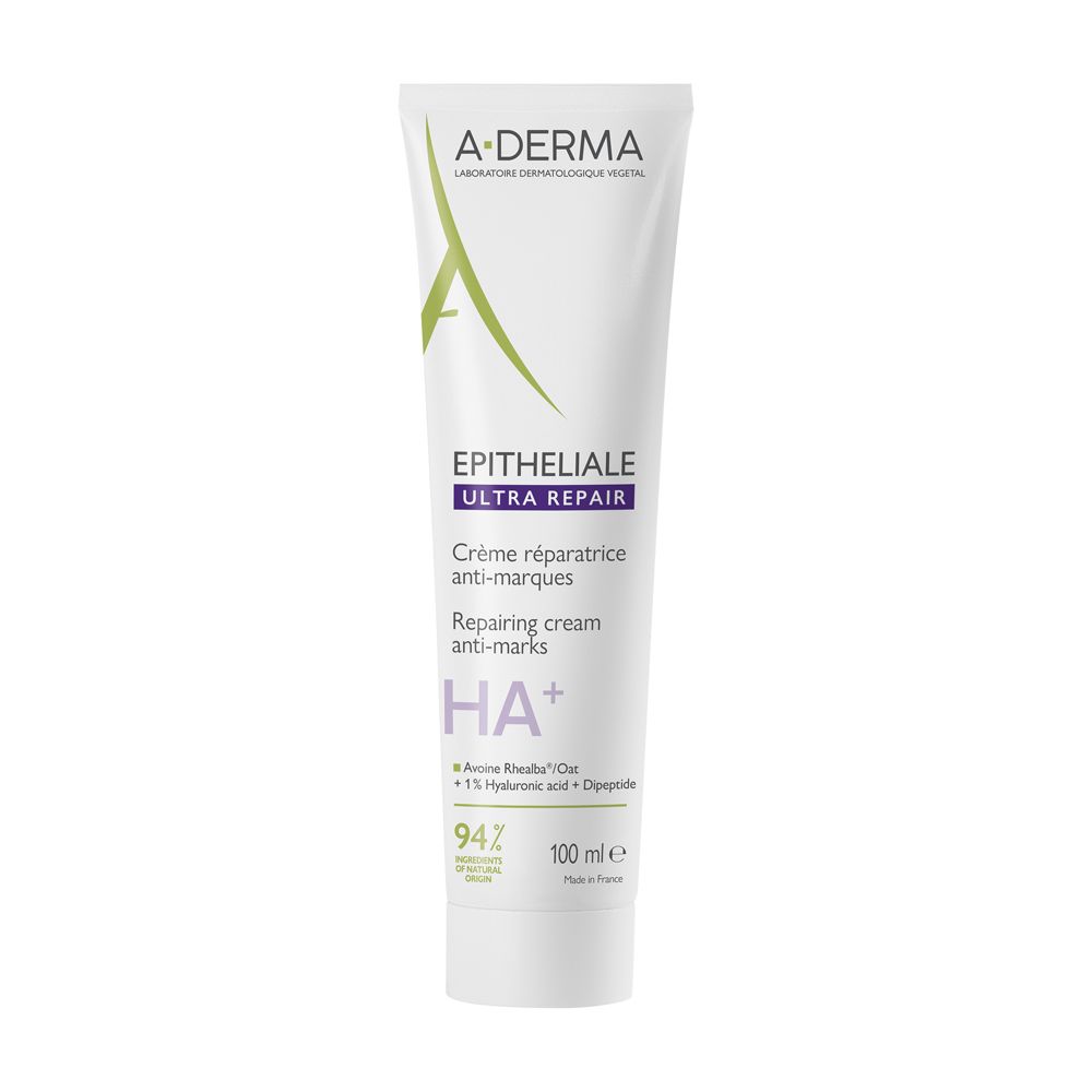 Creme-Tube mit Produktnamen und Logo. Weiß, mit grünen und violetten Akzenten. Aufschrift: A-DERMA Epitheliale Ultra Repair.