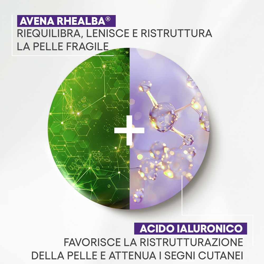 Grafik mit grünen und violetten Elementen. Text: Avena Rhealba, Acido Ialuronico. Fördert die Hautregeneration.