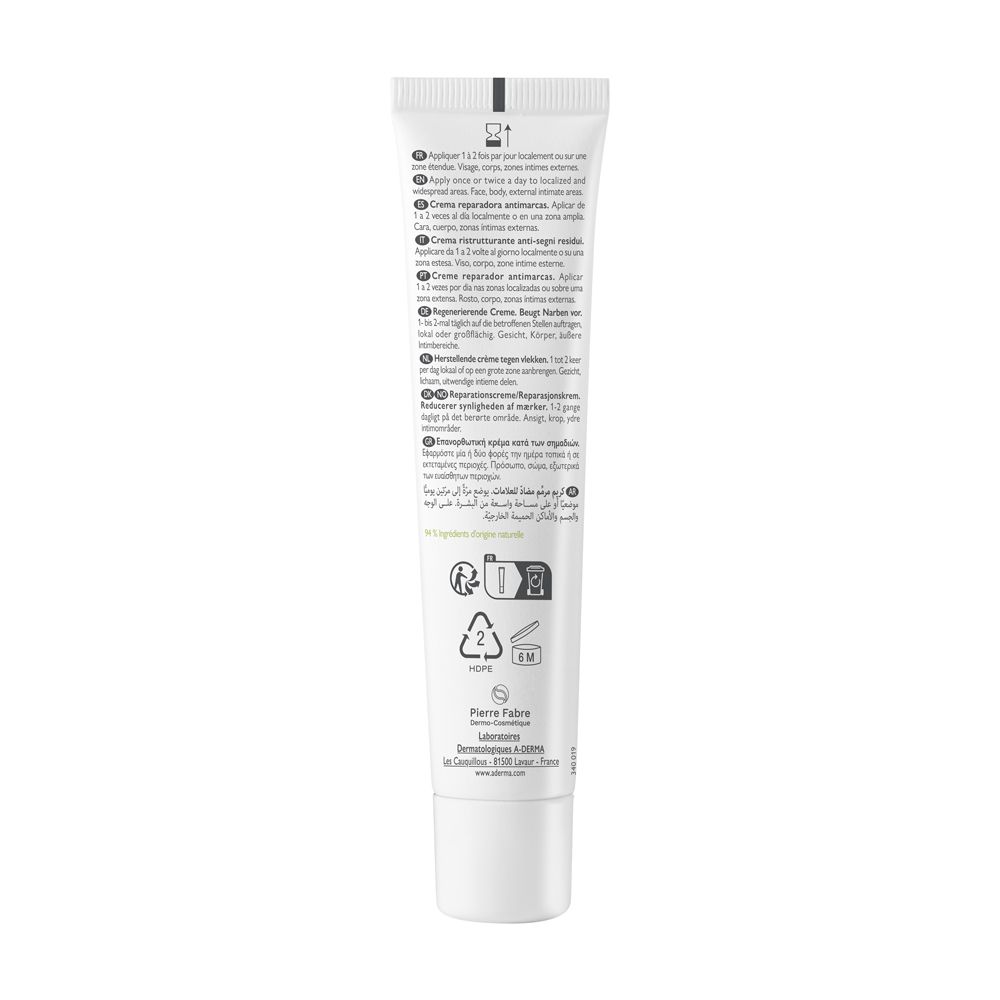 Rückseite der Creme-Tube. Text in mehreren Sprachen. Informationen zu Inhaltsstoffen und Anwendung.