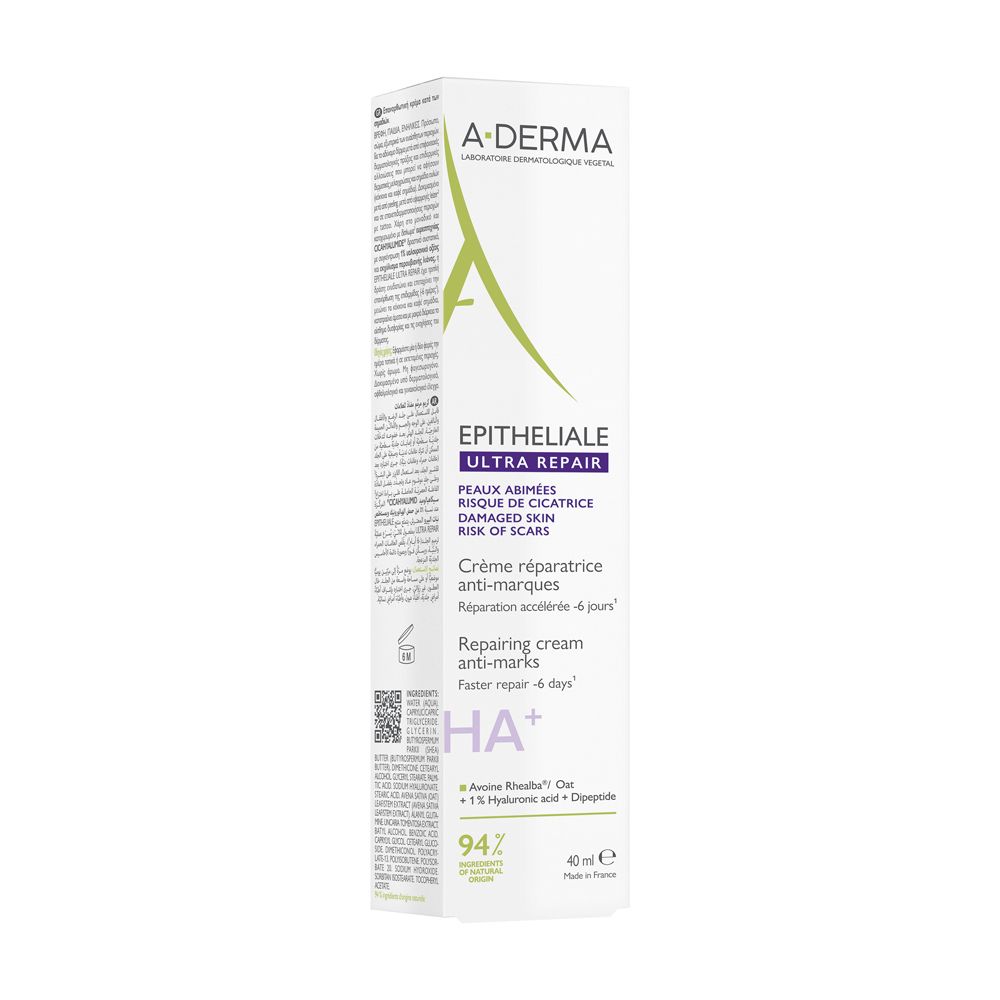 Produktverpackung. Text: A-DERMA Epitheliale Ultra Repair. Creme réparatrice anti-marques. 40ml.