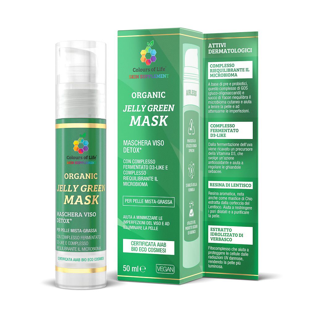 Flasche und Karton der "Colours Of Life Organic Jelly Green Mask" mit Pumpzerstäuber.